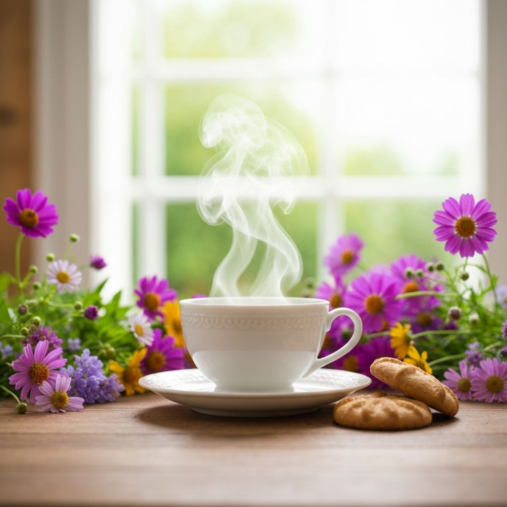 Taza de té con vapor y galletas en mesa de madera